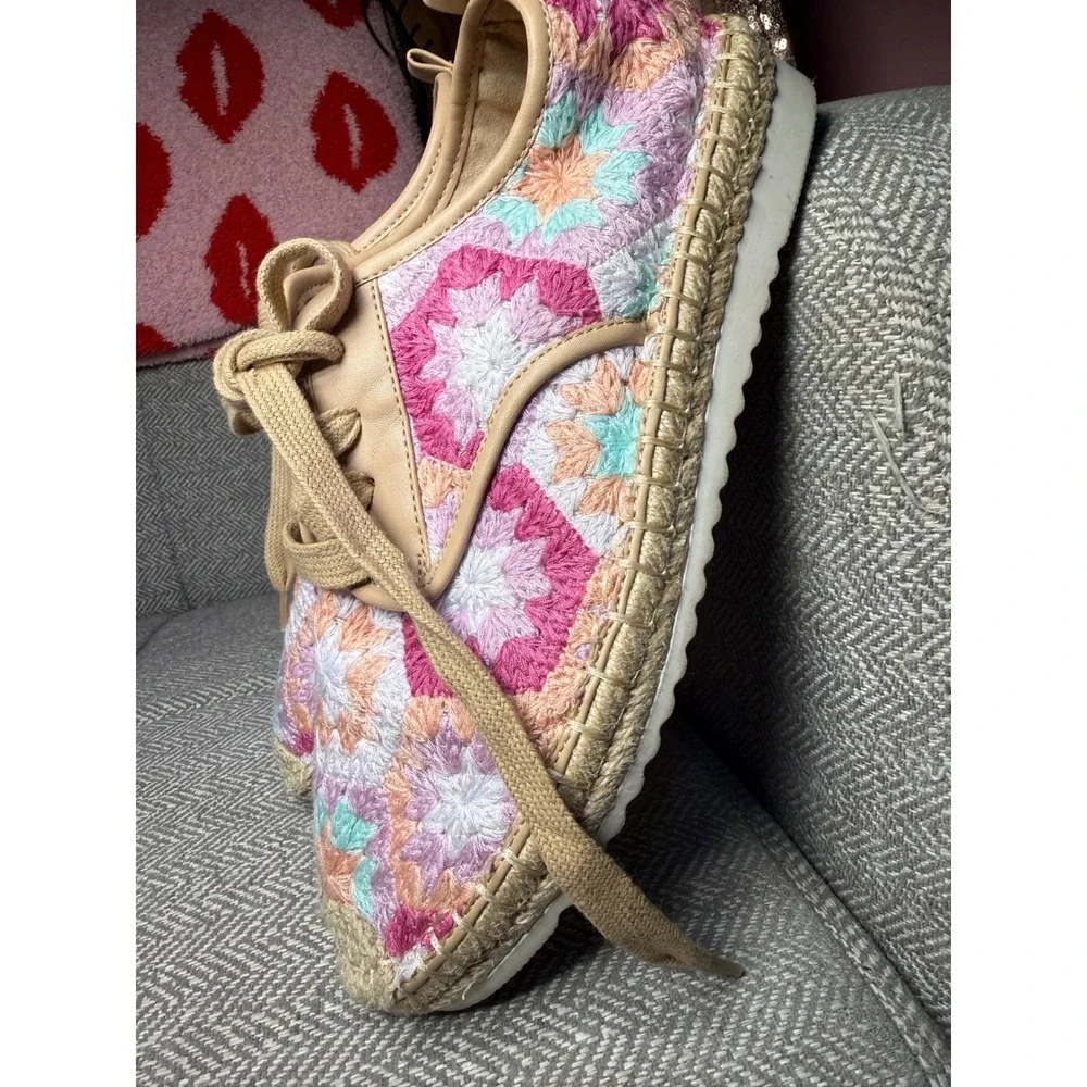 Copper Key Crochet Espadrille Sneakers Multi Granny Square Pink Orange‎ Size 8M